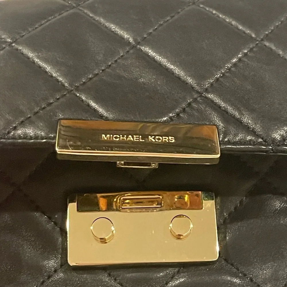 Michael Kors Black Quilted Shoulder Bag with Gold Chain Strap, Small Size 10”x7”